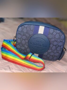 Coach Navy Signature Jacquard Crossbody with Rainbow Adjustable Strap